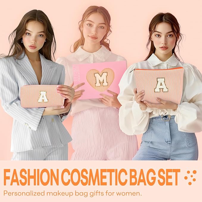 mibasies 2 PCS Initial Makeup Bags: Mothers Day Gifts for Women - Best Friend Birthday Gifts Graduation Gifts Wedding Bridesmaid Girlfriend Wife Daughter Sister Girl Gifts - Orange M