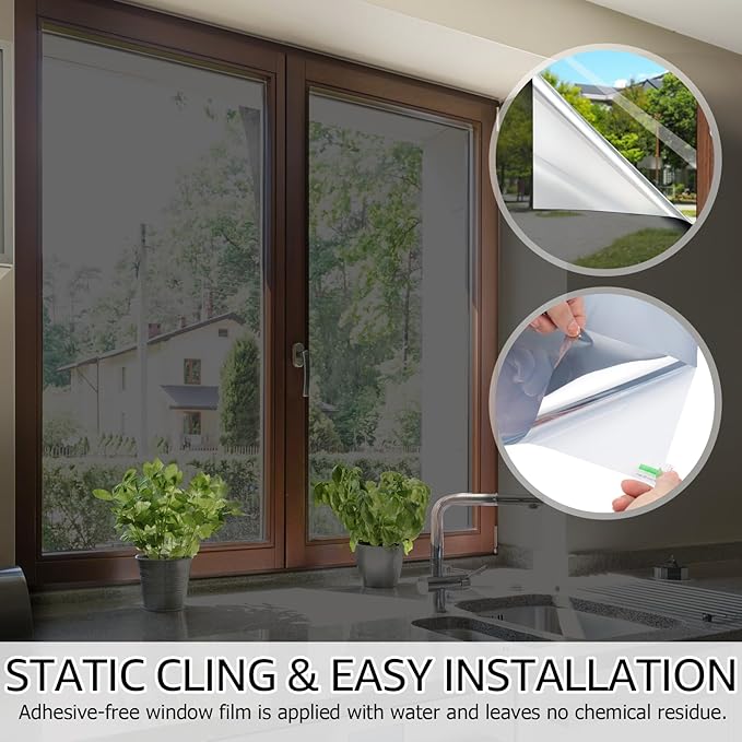 HIDBEA One Way Privacy Window Film, Daytime Privacy Sun Blocking Anti UV Reflective Window Film Heat Control Static Cling Window Tint Film for Home and Office, Black Silver, 41.3 x 78.7 Inch