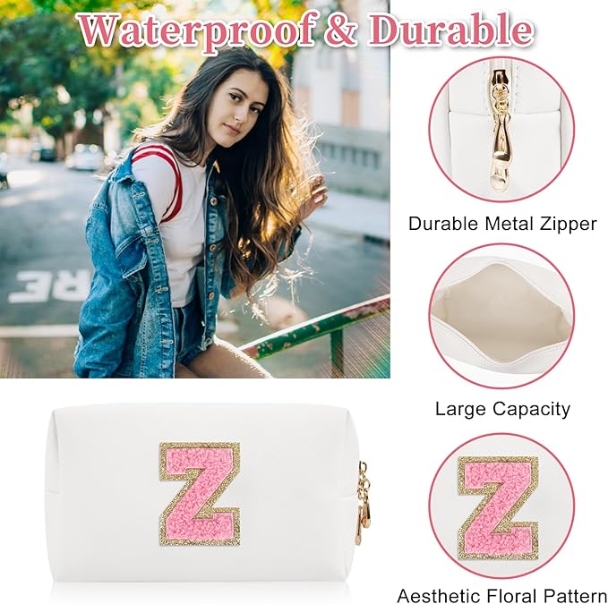 Personalized Initial Letter Patch Makeup Bag, Preppy Portable Chenille Letter Cosmetic Bag with Zipper, PU Leather Waterproof Travel Toiletry Bag Monogram Make Up Pouch for Women Girls(Letter Z)