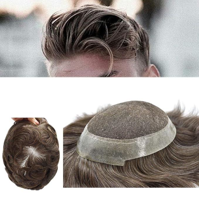 FACE MIRACLE Hair System for Men French Lace Mens Toupee Human Hair Replacement System Lace with PU Toupee for Men Male Hair Piece Wigs 8"X10" #710 7# VERY LIGHT BROWN WITH 10% SYNTHETIC GREY