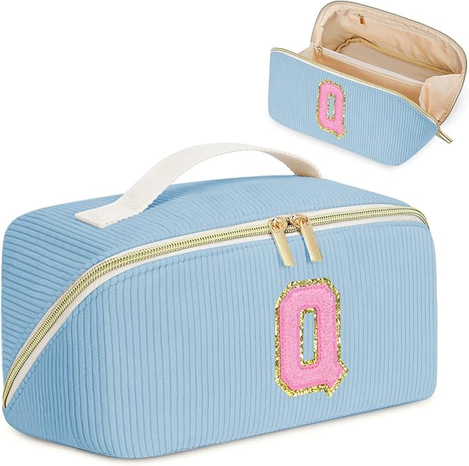 Personalized Initial Makeup Bag,Christmas Gifts for Girl,Preppy Bag Cosmetic Travel Bag Women,Travel Toiletry Organizer,Large Capacity Corduroy Stuff Bag,Cute Cosmetic Pouch Skincare Bag-Q