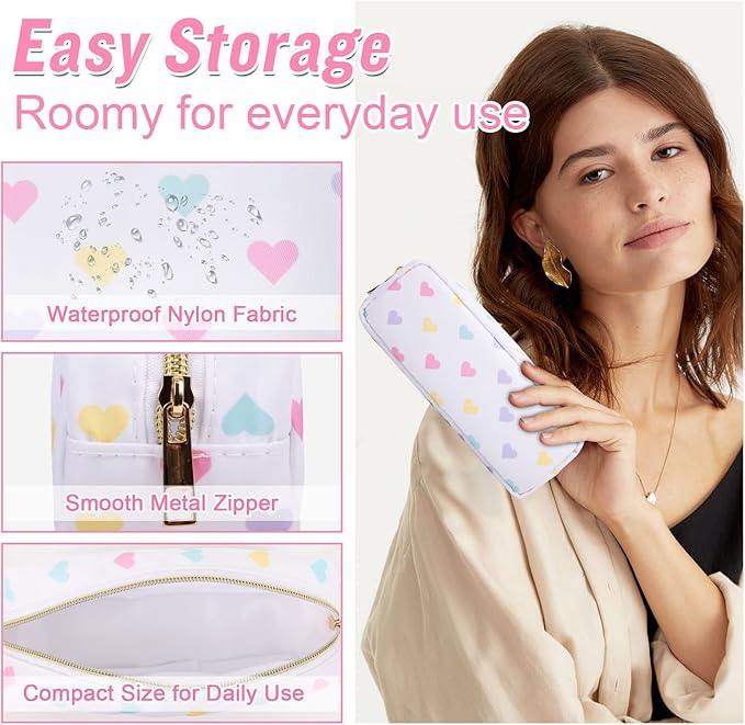 Nylon Small Makeup Bag, Slim Pink Makeup Brush Case, Preppy Cosmetic Zipper Pouch for Purse, Travel Toiletry Bag Clutch Coin Pouch Makeup Organizer for Women Girls (White Heart)