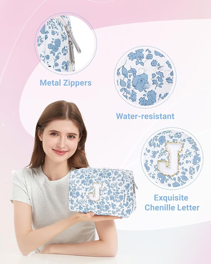 Narwey Birthday Gifts for Teen Girls Kids Women Personalized Initial Floral Makeup Bag Cute Cosmetic Trendy Stuff 6 8 10 11 12 13 14 16 18 Years Old Travel Toiletry Bag (Little Blue Flower J)