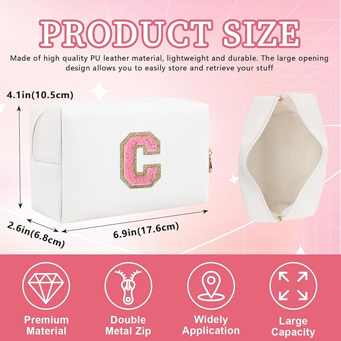 Personalized Initial Letter Patch Makeup Bag, Preppy Portable Chenille Letter Cosmetic Bag with Zipper, PU Leather Waterproof Travel Toiletry Bag Monogram Make Up Pouch for Women Girls(Letter C)