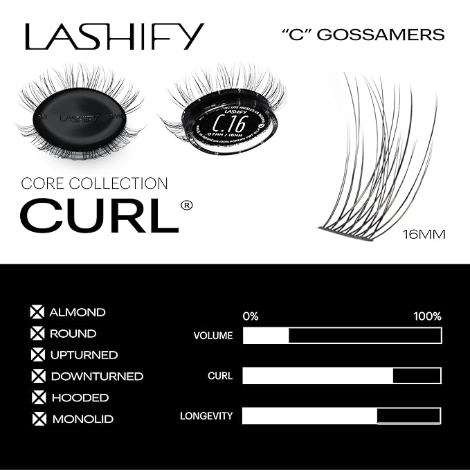 Lashify Curl 16mm Gossamer Eyelash Extensions Refill, Black, DIY False Lashes for a Natural Look
