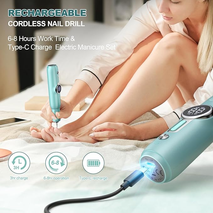 Nail Drill Kit, Cordless Electric Nail Drill Professional Kit 20000rpm Electric Nail File Drill for Acrylic Gel Nails, E-File Nail Kit for Manicure Salon Home