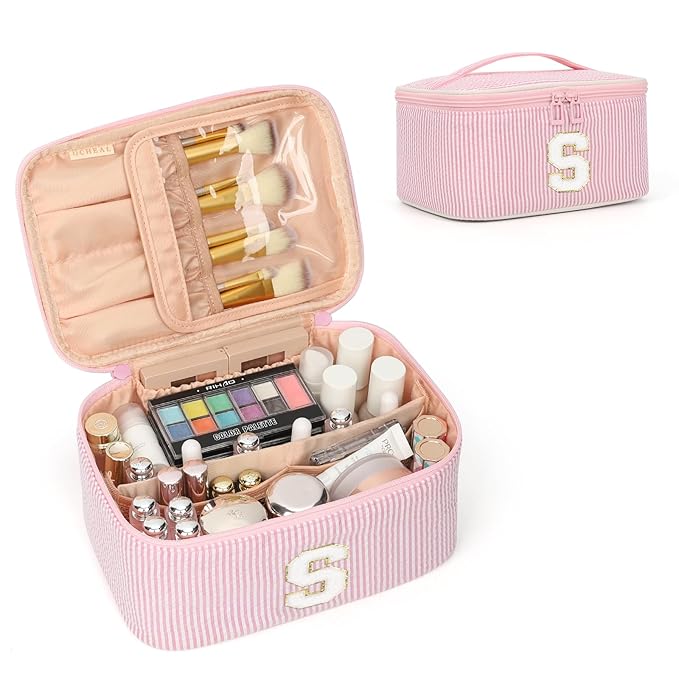 OCHEAL Makeup Bag for Women, Monogram Cosmetic Bag with Brush Holder, Pink Travel Makeup Case Beauty Toiletry Bag Organizer Personalized Gifts for Girls Bridesmaid, Sister, Wife, Friends Initial S
