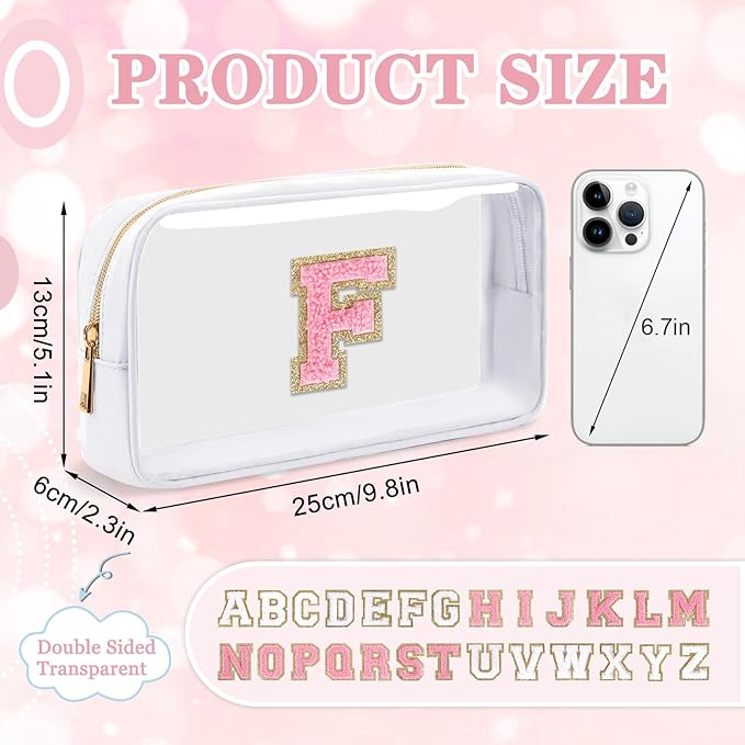 Small Clear Personalized Initial Makeup Bag,Nylon Preppy A-Z Chenille Letter Patch Cosmetic Pouch Beach Toiletry Bag,Waterproof Zipper Travel Purse Storage Bag Organizer for Women Girls(White-Pink F)