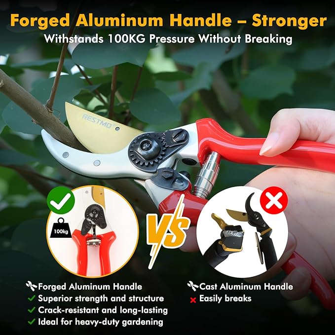 RESTMO 8.6" Professional Pruning Shears, Premium Titanium SKS5 Steel Blade, Forged Aluminum Handles for Durability & Long-Lasting Sharpness, Bypass Pruners for Gardening, Clippers & Scissor Tool