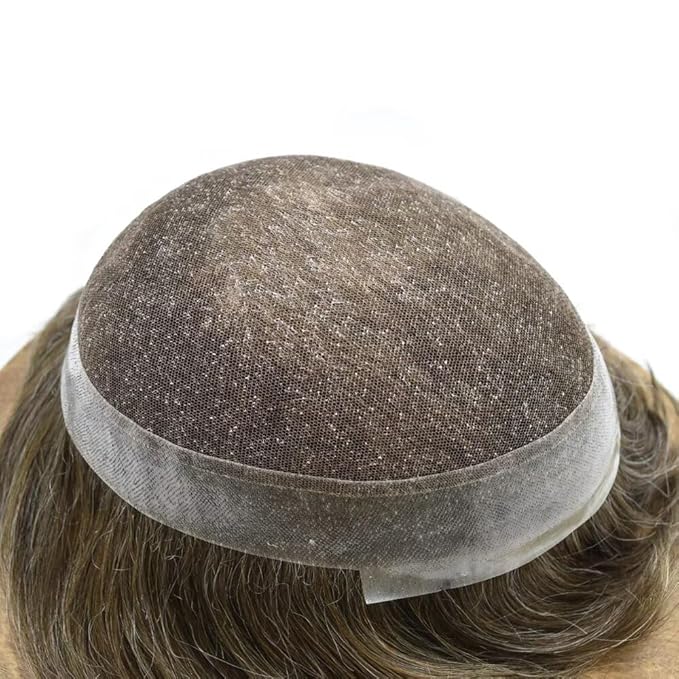 FACE MIRACLE French Lace Mens Toupee Human Hair System Lace Center Toupee for Men Thin Skin PU Around Hair Replacement System V-Looped Mens Hair Wig 6"X8" #760 7# VERY LIGHT BROWN WITH 60% GREY