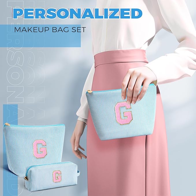 Personalized Makeup Bag for Women Girls - Fashion Cosmetic Bag Trendy Travel Toiletry Bag with Initials Letter - Teen Gifts - Blue,G