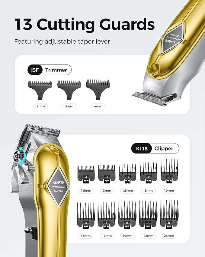 GLAKER Hair Clippers for Men Professional - Cordless Clippers and Trimmers Set, Complete Barber Kit for Hair Trimming & Beard Grooming, Mens Haircutting Kits for Blending & Fade Cuts (Gold)