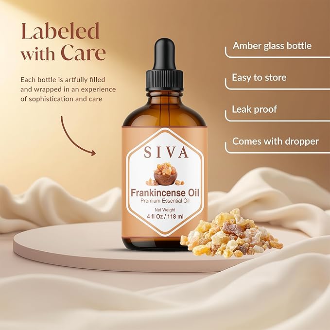Siva Frankincense Essential Oil - 4 Fl Oz – 100% Natural Boswellia Serrata Oil - for Diffuser, Face, Skin Care, Aromatherapy, Hair Care, Scalp and Body Massage - with Dropper
