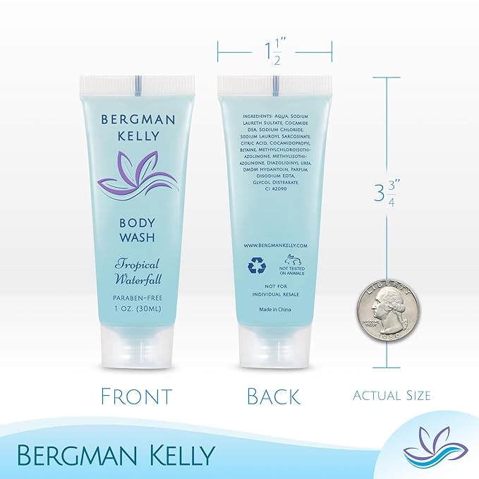 BERGMAN KELLY Travel Size Body Wash (1 fl oz, 200 PK, Tropical Waterfall), Delight Your Guests with an Invigorating and Refreshing Hotel Body Wash, Mini and Small Size Guest Hotel Toiletries in Bulk