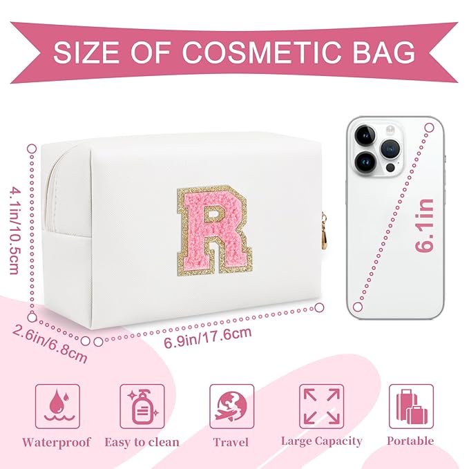 Personalized Makeup Bag Initial A-Z Preppy Patch Bag,Small PU Leather Travel Cosmetic Bag Pouch with Zipper,White Cute Toiletry Bag,Gift Ideal for Teen Girls Women Birthday Friend Mom,Letter R