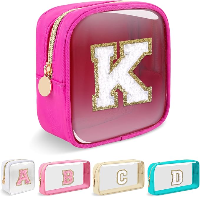 Mini Clear Personalized Initial Makeup Bag,Nylon Preppy A-Z Chenille Letter Patch Zipper Cosmetic Bag, Small Cute Beach Pouch Travel Purse Sanitary Napkin Storage Bag for Women Girls(Hot Pink-White K)