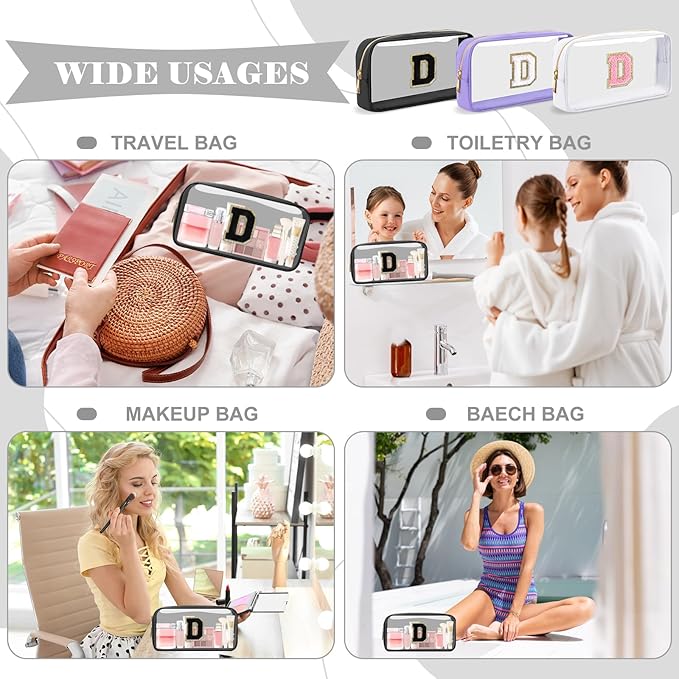 Personalized Initial Letter Clear Makeup Bag,Preppy Small Nylon&PVC Cosmetic Zipper Bag with Chenille Letter,Travel Skincare Toiletry Bag,Monogram Christmas Gift for Teen Girls Women,D