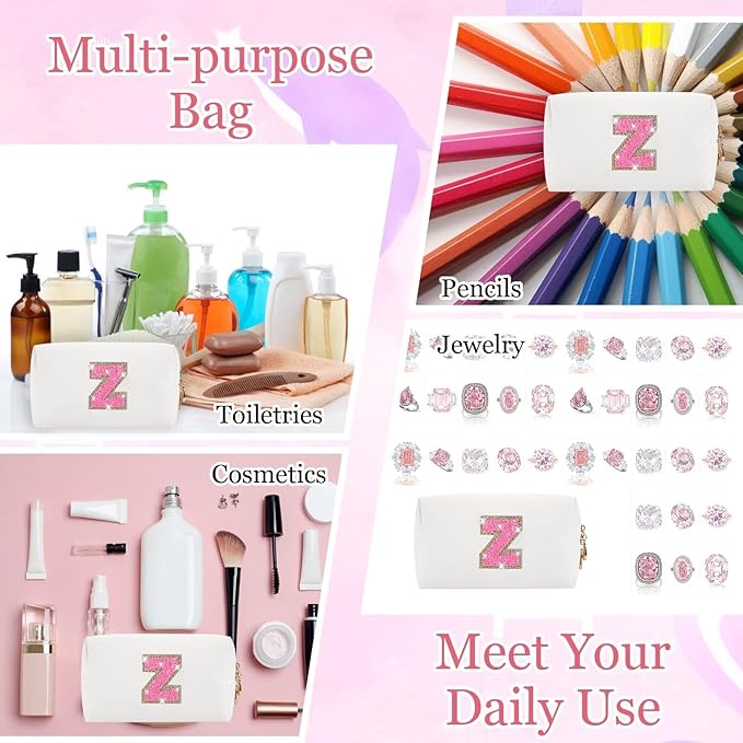 Small Personalized Glitter Initial Letter Makeup Bag, Cute PU Leather Chenille Letters Cosmetic Bag Travel Makeup Pouch, Preppy Travel Organizer Zipper Pouch for Women&Girls（WhiteRosePink-Z）