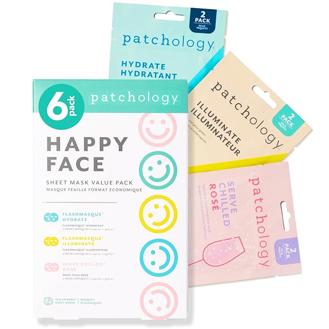 Patchology Face Mask Variety Pack - Brightening Face Mask with Vitamin C stimulates collagen, Hydrating Face Masks with Hyaluronic Acid soften skin, Renewing Face Masks with Strawberry (6 Masks)