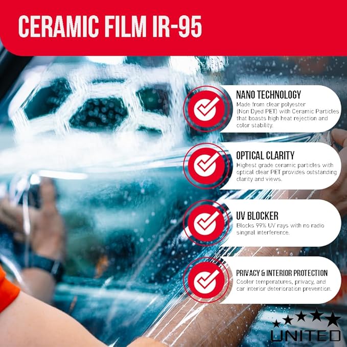 United Ceramic Pro Window Tint Car 60In x100Ft 2Ply Nano Ceramic IR-95 with 35% VLT - Outstanding Clarity & Views Window Tint for Car Home Blocks UV/IR Rays, Adhesive Film W/Lifetime Color Stability