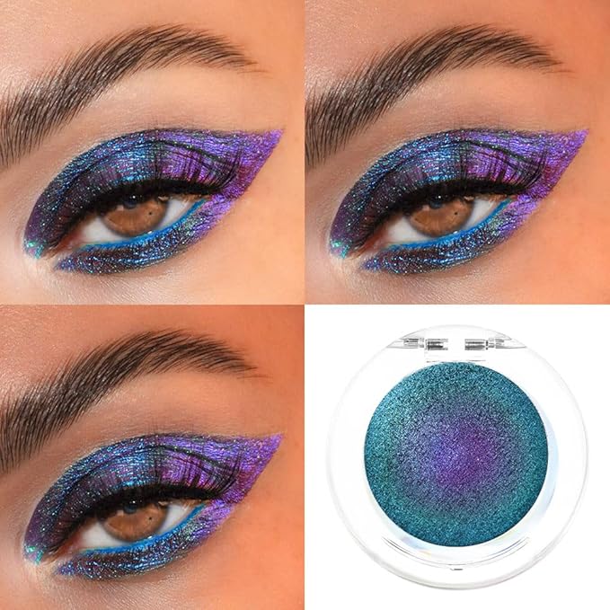 evpct Teal Blue Purple Glitter Eyeshadow Makeup Palette, Duochrome Chameleon chromatic Duo Chrome Multichrome Shimmer Metallic Gothic festival Single Eye shadow Palette Makeup for Older Women