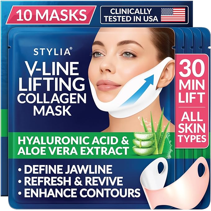 STYLIA V Line Lifting Collagen Mask - Lift, Firm & Contour Jawline - Tightening Double Chin Strap with Hyaluronic Acid & Aloe - Neck Lift & Face Tightening Mask - Jawline Shaper Face Lift Tape (10PC)