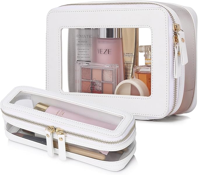 Pinkmik Clear Makeup Bag with Brush Case Travel Toiletry Bag Waterproof Cosmetic Organizer Car Essentials for Women (White, M+SLIM-1)