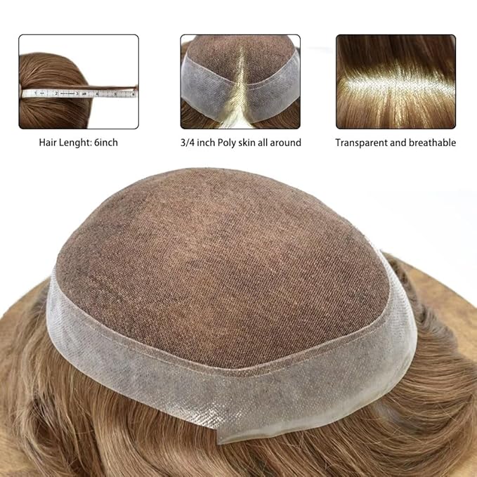 FACE MIRACLE Toupee for Men French Lace Hairpiece Human Hair Replacement System Skin PU Mens Toupee Hair Wigs for Man V-Looped Front Hair Prosthesis 7"X9" 17R#BROWN/BLONDE MIX WARM TONE