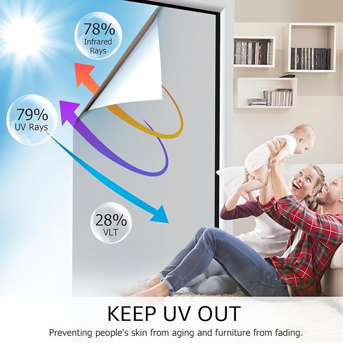 HIDBEA One Way Privacy Window Film, Daytime Privacy Sun Blocking Anti UV Reflective Window film Heat Control Static Cling Window Tint film for Home and Office, Silver, 35.4 x 393.7 Inch