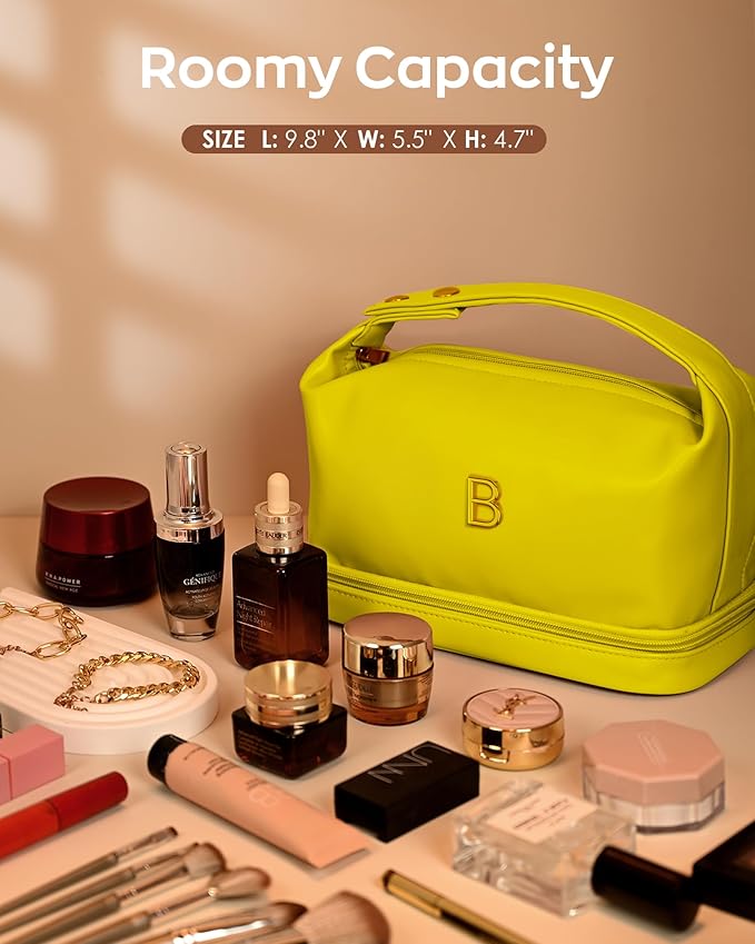 Trendy Gifts for Women, Personalized Makeup Bag with Handle, Initial Double Layer Cosmetic Bag with Makeup Brush Organizer, Cute Cosmetic Pouch for Women, Gifts for 20 Year Old Female