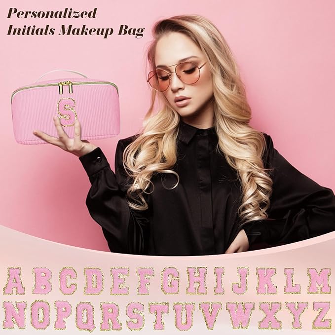 Personalized Initial Makeup Bag,Christmas Gifts for Girl,Preppy Bag Cosmetic Travel Bag Women,Travel Toiletry Organizer,Large Capacity Corduroy Stuff Bag,Cute Cosmetic Pouch Skincare Bag-W