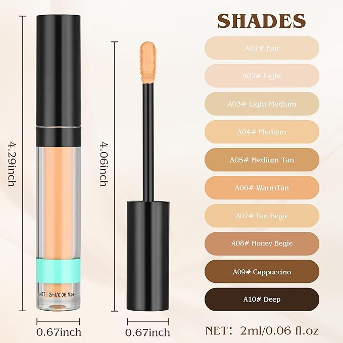 Full Coverage Liquid Concealer, Foundation Makeup for Older Women, Covers Blemishes & Under-Eye Circles, Spots, Matte Finish, Hydrating Primer for Correct, 0.06 fl oz, Vegan & Cruelty-Free A02#Light