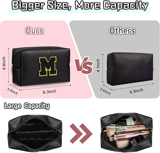 TOPEAST Monogrammed Gift for Women Girls, Personalized Initial Makeup Bags Cosmetic Bag with Zipper, Cute Makeup Pouch, PU Leather Waterproof Toiletry Bag, Preppy Gifts Stuff for Girl (Black E)