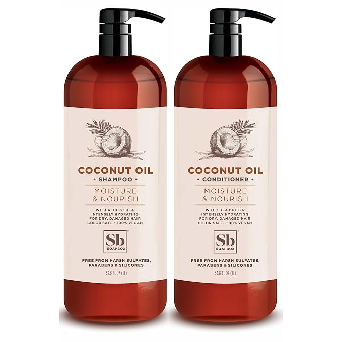 Soapbox Shampoo and Conditioner Set with Coconut Oil, Jojoba Oil, Aloe and Shea Butter to Moisturize and Nourish for All Hair Types, 1 Liter Each (Pack of 2)