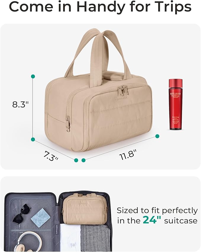 BAGSMART Travel Toiletry Bag, Puffy Toiletry Bag for Women, Wide-open toiletry bags for traveling, Large Travel Cosmetic Makeup Bag Organizer for Accessories,Toiletrie (Khaki)
