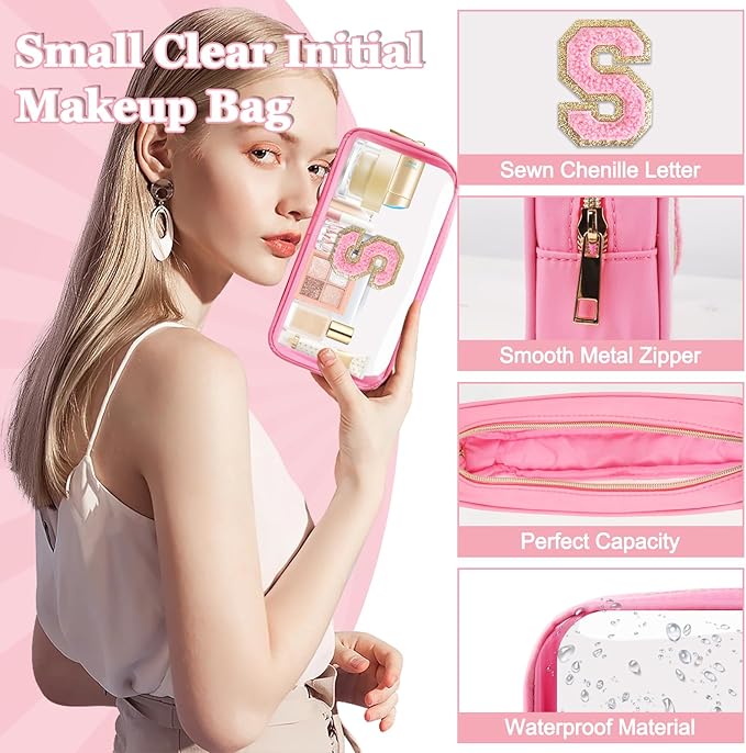 Small Clear Personalized Initial Makeup Bag,Nylon Preppy A-Z Chenille Letter Patch Cosmetic Pouch Beach Toiletry Bag,Waterproof Zipper Travel Purse Storage Bag Organizer for Women Girls(Pink-Pink S)