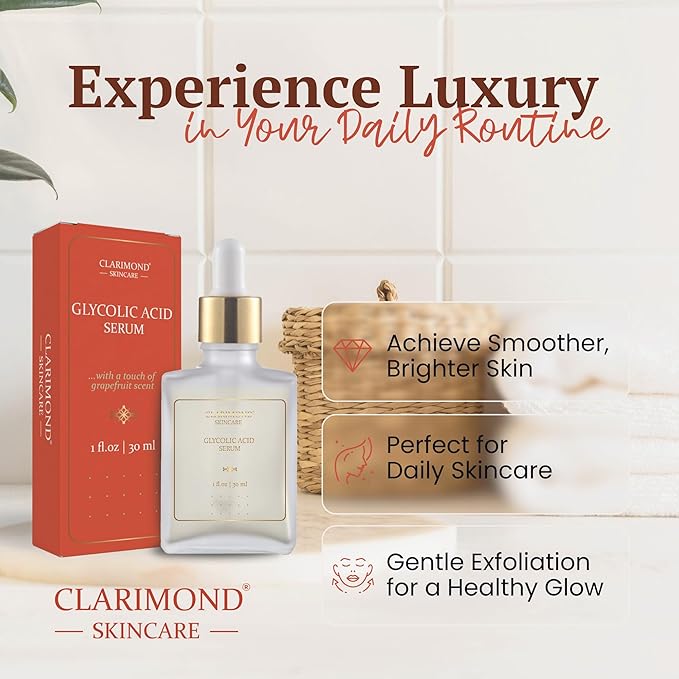 CLARIMOND Glycolic Acid Serum | Gentle 10% Exfoliating AHA | Aloe Vera & Botanical Extracts | Hyaluronic Acid | Lightweight Hydration | 1 fl oz