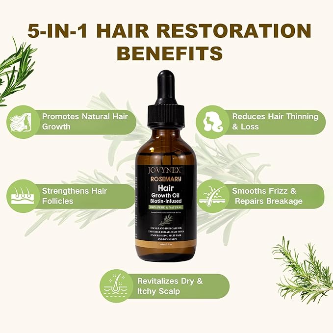 Rosemary Oil for Hair Growth with Biotin - Natural Hair Growth Serum for Thicker Hair, Anti-Hair Loss & Thinning Hair Treatment, Organic Scalp Stimulating Oil for Men & Women (2 fl.oz)