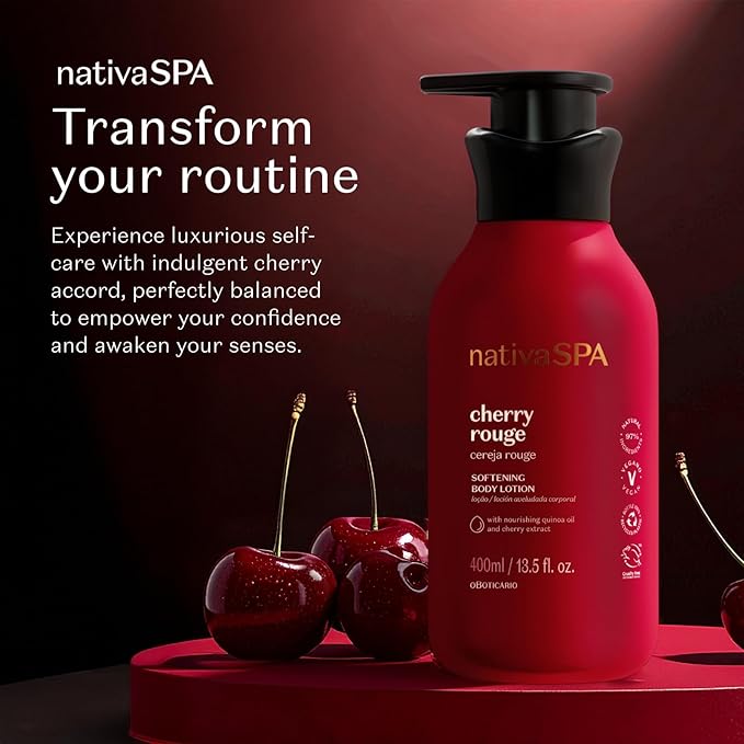 O Boticário Nativa SPA Cherry Rouge Velvety Body Lotion, Bold Oriental Amber Fragrance with Cherry Extract & Quinoa Oil, Collagen Boosting Hydration, 13.5 Ounce (400ml)