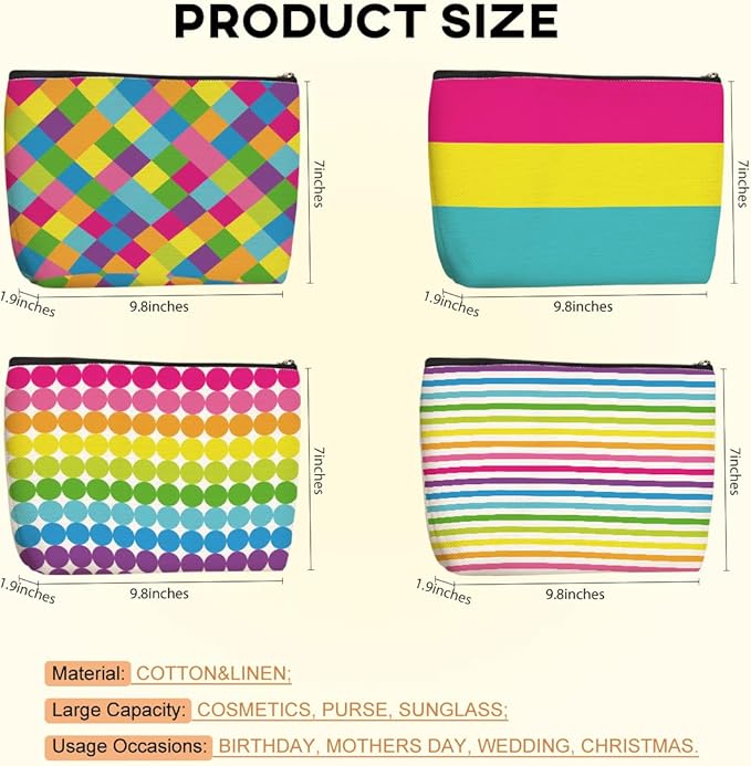 4pcs Colorful Rainbow Makeup Bag, Bright Neon Colors Cosmetic Bag, Christmas Wedding Anniversary Birthday Friendship Gifts for Women Girls Best Friends Bridesmaid Bestie Mom Travel Toiletry Bag