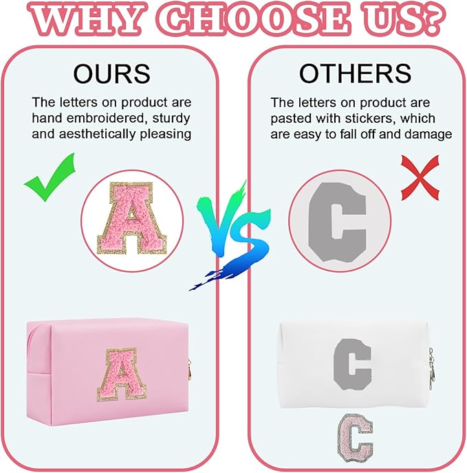 Iqimott Personalized Initial Letter Patch Makeup Bag, Preppy Small Chenille Letter Cosmetic Bag with Zipper, PU Leather Waterproof Travel Toiletry Bag Monogram Make Up Pouch for Women Girls(Letter E)