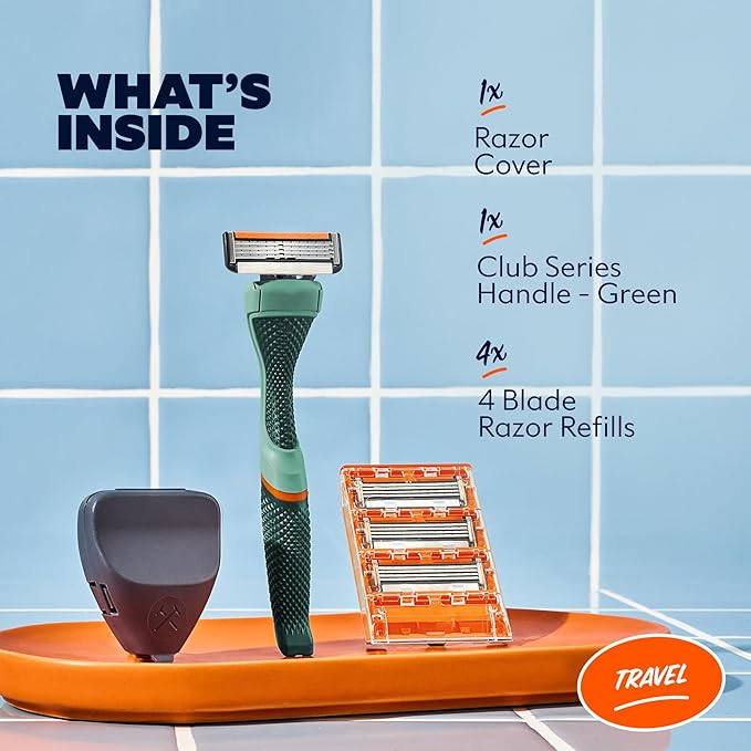 Dollar Shave Club | Travel Shave Set | 4 Swift Rinse Refill Cartridges, 1 Handle (Green), 1 Razor Cover