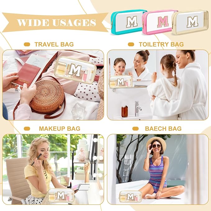 Personalized Initial Letter Clear Makeup Bag,Preppy Small Nylon&PVC Cosmetic Zipper Bag with Chenille Letter,Portable Beach Travel Skincare Toiletry Bag,Trendy Monogram Gift for Teen Girls Women,M