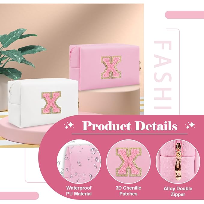 Personalized Initial A-Z Preppy Patch Makeup Bag,Small PU Leather Chenille Letter Cosmetic Bag with Zipper for Teen Girls,Pink Cute Travel Toiletry Bag,Birthday Monogrammed Gift for Daughter,Letter X