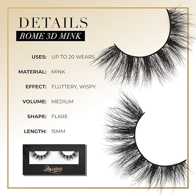 Lilly Lashes Rome 3D Mink Lashes, Mink Eyelashes, The Original Lilly Lash For Wispy & Natural Look, Reusable Eyelashes up to 25x, Fluffy Lashes, Strip Lashes, Lash Glue not Included