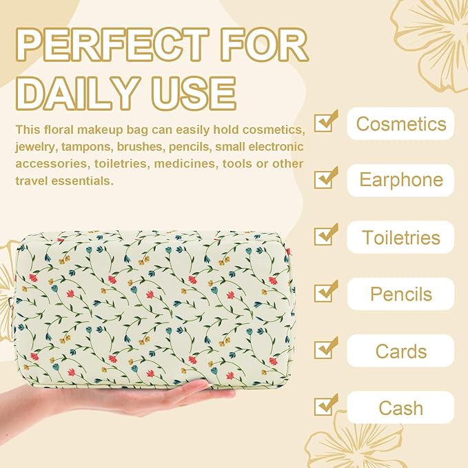 Waterproof Small Floral Makeup Bag Pouch for Purse,Nylon Flower Cosmetic Bag Preppy Travel Toiletry Storage Bag for Women Girl,Cute Makeup Organizer Bag Pouch with Zipper(Small Light Yellow-Flowers)