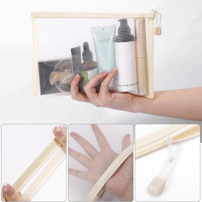 12 Pieces Zipper Nylon Mesh Pouch, Mesh Cosmetic Bags Makeup Bags Pencil Case, Multipurpose Travel Bags for Cosmetic School Office Supplies and Travel Accessories (Beige, A5)