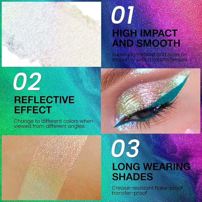 evpct Blonde gold Mermaid pink Holographic Glitter Sparkle Chameleon Chrome Eye Shadow Palette Makeup for Older Women, Duochrome Chromatic Multichrome Metallic iridescent Eyeshadow Palette Singles