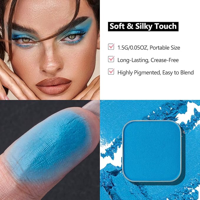 Matte Eyeshadow Sky Blue Soft Matte Finish, Single Magnetic Pan for DIY Makeup Palette, Smooth Powder, Long Lasting and Buildable (Blue Tide)
