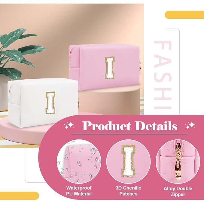 Personalized Initial A-Z Preppy Patch Makeup Bag,Small PU Chenille Letter Cosmetic Bag with Zipper for Teen Girls,Pink Cute Toiletry Organizer Bag,Monogram Makeup Case Gift for Women Girls,Letter I